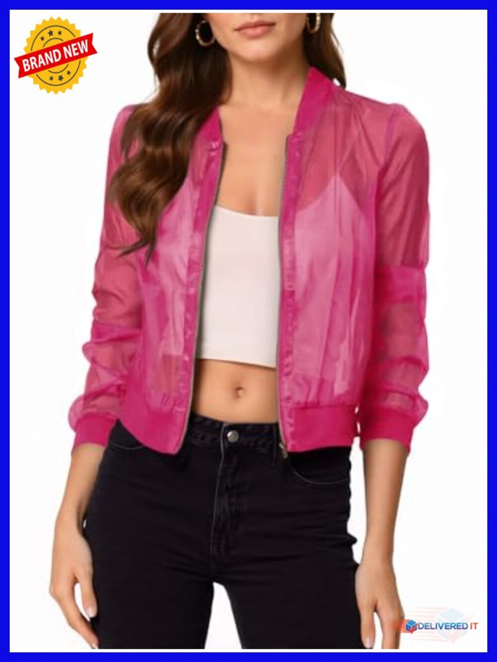 Women's Sheer Mesh Crop Bomber Jacket Lightweight Zip Up Long Sleeve